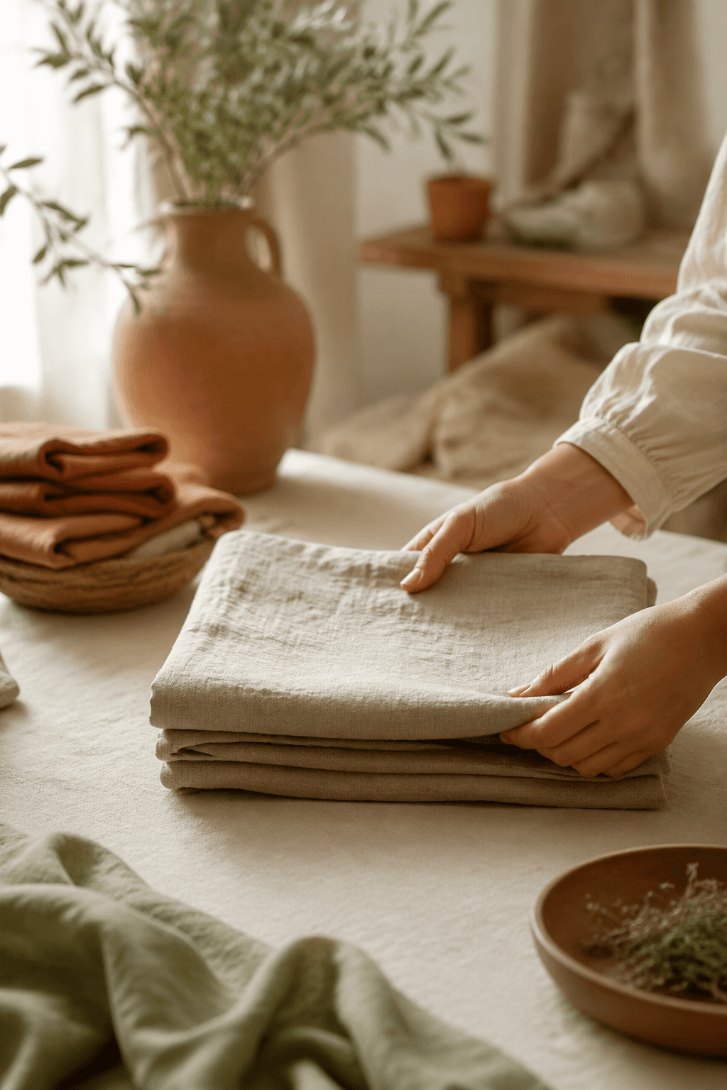 Folding finished linen in a sunlit workshop